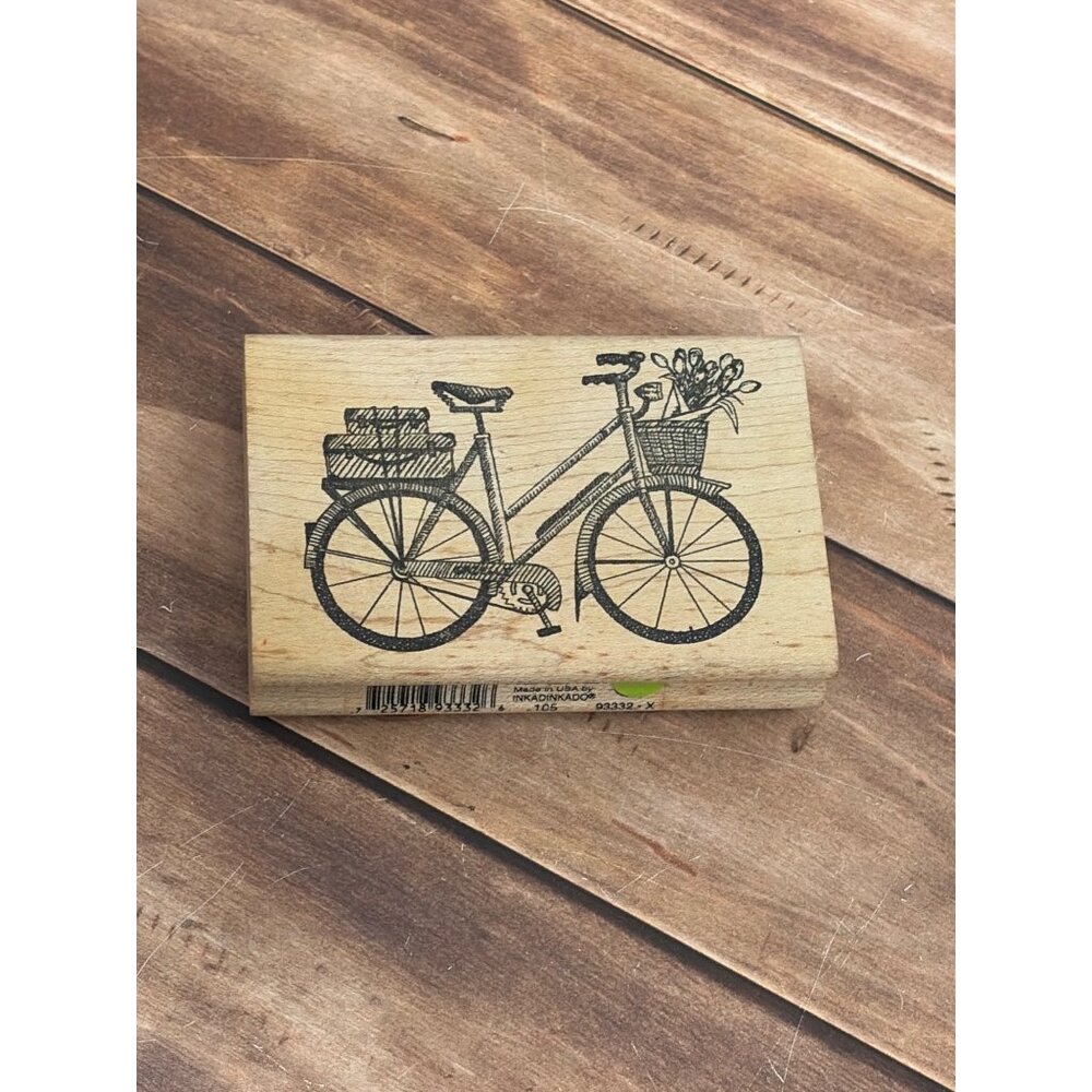 HTF INKADINKADO 93332X BICYCLE W BASKET WOOD MOUNTED RUBBER STAMP TIN CAN MAIL